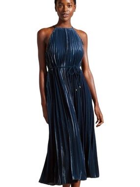 TED BAKER London Kassiah Pleated Halterneck Midi Blue Velvet Dress Size 3